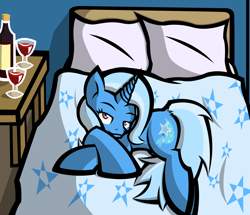 Size: 3000x2575 | Tagged: safe, artist:tomol6, derpibooru import, trixie, pony, unicorn, bed, female, mare, solo, wine