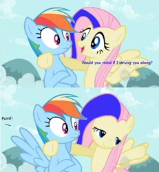 Size: 766x830 | Tagged: safe, edit, edited screencap, screencap, fluttershy, rainbow dash, pegasus, pony, may the best pet win, female, flirting, imagin friends, kamen rider, kamen rider den-o, mare, pomf, possessed, spread wings, urataros, wingboner, wings