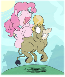 Size: 1011x1193 | Tagged: safe, artist:applebeans, cranky doodle donkey, pinkie pie, donkey, earth pony, pony, duo, female, male, mare, riding