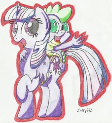 Size: 1838x2024 | Tagged: safe, artist:laffy372, derpibooru import, spike, twilight sparkle, dragon, traditional art