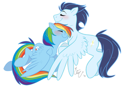 Size: 900x649 | Tagged: safe, artist:chib-bee, rainbow dash, soarin', pegasus, pony, blushing, eyes closed, female, male, mare, neck nuzzle, nuzzling, shipping, simple background, smiling, soarindash, stallion, straight, transparent background