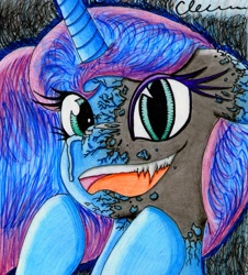 Size: 1263x1398 | Tagged: safe, artist:the1king, nightmare moon, princess luna, alicorn, pony, do princesses dream of magic sheep, corrupted, cracks, crying, duality, fangs, female, frown, hoof over mouth, mare, open mouth, sharp teeth, slit eyes, smiling, solo, teeth, traditional art, transformation