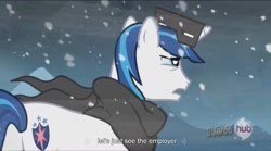 Size: 1557x867 | Tagged: safe, screencap, shining armor, pony, unicorn, the crystal empire, snow goggles, youtube caption, youtube link