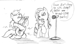 Size: 800x469 | Tagged: safe, artist:elosande, rainbow dash, rarity, pegasus, pony, unicorn, disapproval, duo, duo female, female, guitar, kneeling, mare, microphone, monochrome