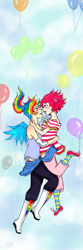 Size: 640x1920 | Tagged: safe, artist:chibiqueen-anna, pinkie pie, rainbow dash, human, balloon, bandaid, clothes, eared humanization, eye contact, female, hug, humanized, lesbian, looking at each other, pinkiedash, shipping, socks, striped socks, winged humanization, wings