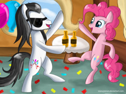 Size: 600x450 | Tagged: safe, artist:jrenon, pinkie pie, earth pony, pony, andrew w.k., balloon, bipedal, bottle, dancing, duo, female, male, mare, ponified, stallion, sunglasses