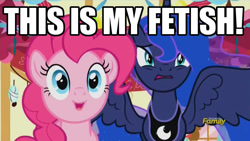 Size: 800x450 | Tagged: safe, screencap, pinkie pie, princess luna, alicorn, earth pony, pony, do princesses dream of magic sheep, caption, cringing, discovery family logo, disgusted, do not want, duo, faic, image macro, meme, reaction image, that is my fetish, varying degrees of want, want