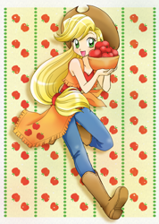 Size: 900x1267 | Tagged: safe, artist:chikorita85, applejack, human, abstract background, apple, applejack's hat, basket, boots, cowboy boots, cowboy hat, cute, female, hat, humanized, jackabetes, looking at you, open mouth, solo