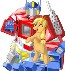 Size: 854x935 | Tagged: artist needed, safe, applejack, earth pony, pony, duo, female, looking at you, mare, one eye closed, optimus prime, rearing, simple background, smiling, transformers, white background, wink