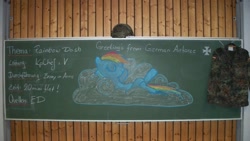 Size: 780x440 | Tagged: safe, rainbow dash, pegasus, pony, chalkboard, clothes, cloud, eyes closed, female, german, mare, military, on back, photo, solo, traditional art, uniform