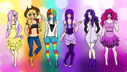 Size: 1182x676 | Tagged: safe, artist:lexy-06, applejack, fluttershy, pinkie pie, rainbow dash, rarity, twilight sparkle, human, belly button, blushing, clothes, corset, dress, hair over one eye, humanized, jeans, line-up, mane six, midriff, rainbow socks, socks, striped socks, thigh highs