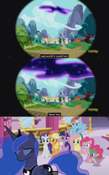 Size: 1600x2565 | Tagged: safe, screencap, applejack, fluttershy, pinkie pie, princess luna, rainbow dash, rarity, spike, tantabus, twilight sparkle, twilight sparkle (alicorn), alicorn, dragon, earth pony, pegasus, pony, unicorn, do princesses dream of magic sheep, cake, female, mane seven, mane six, mare, meme, youtube caption