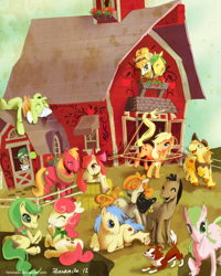 Size: 840x1050 | Tagged: safe, artist:hinoraito, apple bloom, apple bumpkin, apple fritter, apple strudel, applejack, aunt orange, big macintosh, braeburn, golden delicious, granny smith, red delicious, red gala, uncle orange, winona, earth pony, pony, apple family, apple family member, barn, caramel apple, female, lasso, male, mare, stallion, sweet apple acres, the oranges, unshorn fetlocks