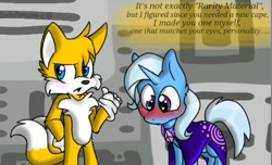 Size: 471x286 | Tagged: safe, artist:gatoamante, derpibooru import, trixie, blushing, cape, clothes, crossover, crossover shipping, dialogue, miles "tails" prower, sonic team, sonic the hedgehog (series)