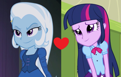 Size: 941x599 | Tagged: safe, derpibooru import, edit, trixie, twilight sparkle, equestria girls, female, heart, lesbian, shipping, shipping domino, twixie