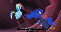 Size: 1600x855 | Tagged: safe, screencap, princess luna, rainbow dash, alicorn, pegasus, pony, do princesses dream of magic sheep, meme, tent, youtube caption