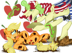 Size: 1000x735 | Tagged: safe, artist:jamescorck, applejack, flam, flim, earth pony, pony, unicorn, abuse, bad end, crying, fanfic, female, flim flam brothers, grin, jackabuse, male, mare, mud, on back, sad, simple background, smiling, stallion, straw, the bad guy wins, there will be blood, white background