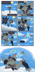 Size: 624x1279 | Tagged: artist needed, safe, rainbow dash, pegasus, pony, clash of hasbro's titans, cloud, comic, duo, female, flying, mare, starscream, starscream vs rainbow dash, transformers, transformers prime