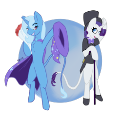 Size: 3024x3024 | Tagged: safe, artist:radioactive nero, derpibooru import, rarity, trixie, pony, unicorn, alternate universe, bipedal, bowtie, cane, cape, clothes, flower, hat, leonine tail, no pupils, shoes, simple background, smiling, story in the source, suit, top hat, transparent background, trixie's hat, underhoof