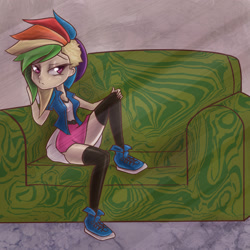 Size: 2500x2500 | Tagged: safe, artist:checkerboardazn, rainbow dash, human, alternate hairstyle, clothes, equestria girls outfit, humanized, sitting pretty, solo, stockings, thigh highs