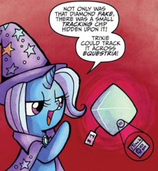 Size: 365x395 | Tagged: safe, derpibooru import, idw, trixie, pony, unicorn, spoiler:comic, spoiler:comic21, diamond, female, mare, solo, tracking device