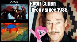 Size: 960x521 | Tagged: safe, edit, megan williams, pinkie pie, posey, crab, earth pony, human, pony, g1, captain crab nasty, crabnasty, exploitable meme, female, image macro, irl, irl human, male, man, mare, meme, optimus prime, peter cullen, photo, same voice actor, transformers, transformers prime