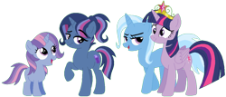 Size: 1005x430 | Tagged: safe, artist:margaretlovez, derpibooru import, trixie, twilight sparkle, twilight sparkle (alicorn), alicorn, big crown thingy, family, female, jewelry, lesbian, magical lesbian spawn, offspring, parent:trixie, parent:twilight sparkle, parents:twixie, regalia, shipping, simple background, transparent background, twixie