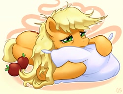 Size: 1000x767 | Tagged: safe, artist:gsphere, applejack, earth pony, pony, abstract background, apple, bed mane, female, loose hair, mare, morning ponies, obligatory apple, pillow, prone, solo, tired