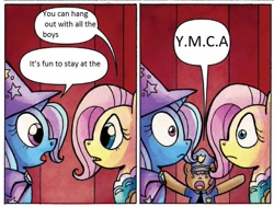 Size: 873x659 | Tagged: safe, derpibooru import, idw, fluttershy, trixie, pegasus, pony, spoiler:comic, comic, exploitable, police officer, song reference, trixieshy interrupted, village people, ymca