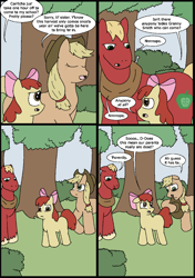 Size: 945x1339 | Tagged: safe, artist:wright-as-rayne, apple bloom, applejack, big macintosh, earth pony, pony, apple siblings, apple sisters, applejack's parents, brother and sister, comic, female, filly, foal, fridge logic, male, mare, siblings, sisters, speech bubble, stallion, tree, trio