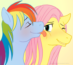 Size: 638x565 | Tagged: safe, artist:cartoonlion, fluttershy, rainbow dash, pegasus, pony, blushing, female, flutterdash, lesbian, licking, mare, shipping