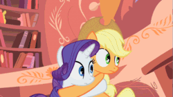 Size: 853x480 | Tagged: safe, screencap, applejack, rarity, earth pony, pony, unicorn, look before you sleep, animated, duo, duo female, female, friendshipping, gif, golden oaks library, hug, mare, shipping fuel