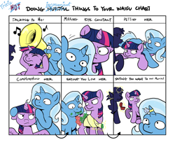 Size: 1600x1300 | Tagged: safe, artist:muffinshire, derpibooru import, trixie, twilight sparkle, twilight sparkle (alicorn), anon pony, anonpony, alicorn, pony, unicorn, :t, bouquet, covering, doing loving things, eating, eating flower, egophiliac-ish, eyes closed, eyes on the prize, female, flower, frown, glare, hilarious in hindsight, horn ring, horses doing horse things, inconvenient trixie, looking at you, magic, mare, meme, musical instrument, prone, puffy cheeks, raised hoof, ring, sitting, smiling, sparkles, style emulation, telekinesis, tuba, unamused, wide eyes, woonoggles