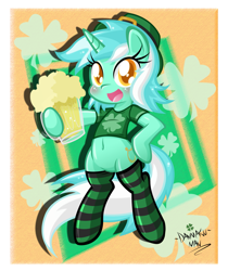 Size: 1677x2000 | Tagged: safe, artist:danmakuman, lyra heartstrings, pony, alcohol, beer, belly button, bipedal, blushing, clothes, clover, female, four leaf clover, mare, saint patrick's day, socks, solo, striped socks, thigh highs