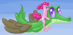 Size: 1200x584 | Tagged: safe, artist:arrkhal, gummy, pinkie pie, earth pony, pony, allpet, duo, female, flying, mare, ponies riding gators, riding, surreal, windswept mane