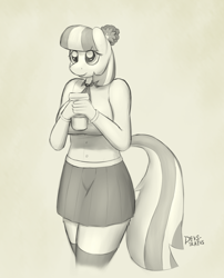 Size: 806x1000 | Tagged: safe, artist:devs-iratvs, coco pommel, anthro, breasts, clothes, coco puffs, coffee, female, monochrome, signature, sketch, solo, thigh highs, zettai ryouiki