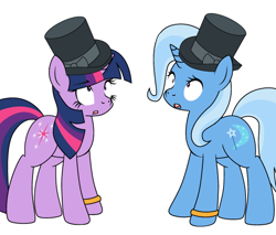 Size: 600x510 | Tagged: safe, artist:dekomaru, derpibooru import, edit, trixie, twilight sparkle, pony, unicorn, ask, cropped, female, hat, lesbian, shipping, top hat, tumblr, tumblr:ask twixie, twixie