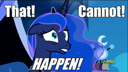 Size: 960x540 | Tagged: safe, screencap, princess luna, alicorn, pony, do princesses dream of magic sheep, alarm clock, image macro, meme, wide eyes, worried