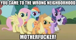 Size: 625x328 | Tagged: safe, derpibooru import, applejack, fluttershy, rainbow dash, rarity, twilight sparkle, earth pony, pegasus, pony, unicorn, facebomb, image macro, origins, twiface, vulgar, wrong neighborhood