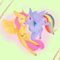 Size: 850x850 | Tagged: safe, artist:piikunen, fluttershy, rainbow dash, pegasus, pony, female, flutterdash, hooves to the chest, lesbian, mare, shipping, spread wings, wings