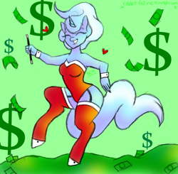 Size: 640x627 | Tagged: safe, artist:bunnycat, derpibooru import, trixie, anthro, unguligrade anthro, commission, money, solo, the smiling pony