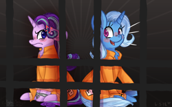 Size: 2800x1750 | Tagged: safe, artist:compassrose0425, derpibooru import, starlight glimmer, trixie, unicorn, clothes, cuffs, duo, duo female, female, frustrated, jail, prison, prison outfit, prisoner, shackles, smiling, varying degrees of want