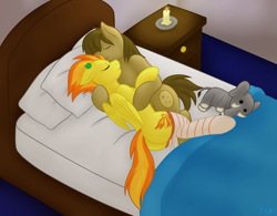 Size: 1280x996 | Tagged: safe, artist:daf, spitfire, oc, oc:chocolate chips, earth pony, pegasus, pony, bed, candle, canon x oc, clothes, clover, cuddling, cute, eyes closed, female, firechips, floppy ears, four leaf clover, freckles, love, male, mare, on side, plushie, shipping, sleeping, smiling, snuggling, socks, stallion, straight, striped socks, thigh highs