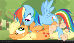 Size: 931x552 | Tagged: safe, screencap, applejack, rainbow dash, earth pony, pegasus, pony, the return of harmony, duo, duo female, eye contact, female, looking at each other, mare, on back, out of context