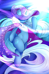 Size: 2500x3800 | Tagged: safe, artist:madacon, derpibooru import, trixie, pony, unicorn, bipedal, cape, clothes, covering eyes, female, floating, glowing horn, hat, magic, mare, solo, trixie's cape, trixie's hat