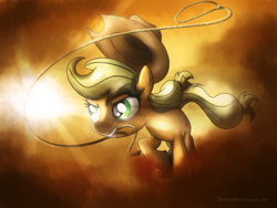 Size: 1024x768 | Tagged: safe, artist:fongsaunder, applejack, earth pony, pony, abstract background, crepuscular rays, female, grin, lasso, mare, mouth hold, rope, running, smiling, solo