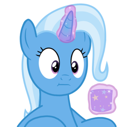 Size: 1500x1500 | Tagged: safe, artist:pizzamovies, derpibooru exclusive, derpibooru import, trixie, pony, unicorn, :i, empathy cocoa, female, glowing horn, magic, mare, mug, simple background, telekinesis, white background