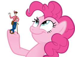 Size: 990x759 | Tagged: safe, pinkie pie, earth pony, pony, duo, female, look what pinkie found, mare, meme, simple background, smiling, transparent background, where's waldo