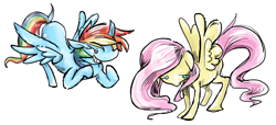 Size: 1406x640 | Tagged: safe, artist:hayhedgehoghay, fluttershy, rainbow dash, pegasus, pony, duo, duo female, female, flying, grin, looking down, mare, no pupils, smiling