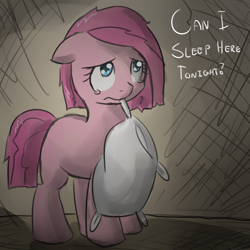 Size: 900x900 | Tagged: safe, artist:speccysy, pinkie pie, earth pony, pony, abstract background, crying, cute, cuteamena, diapinkes, female, filly, filly pinkie pie, floppy ears, mouth hold, pillow, pinkamena diane pie, solo